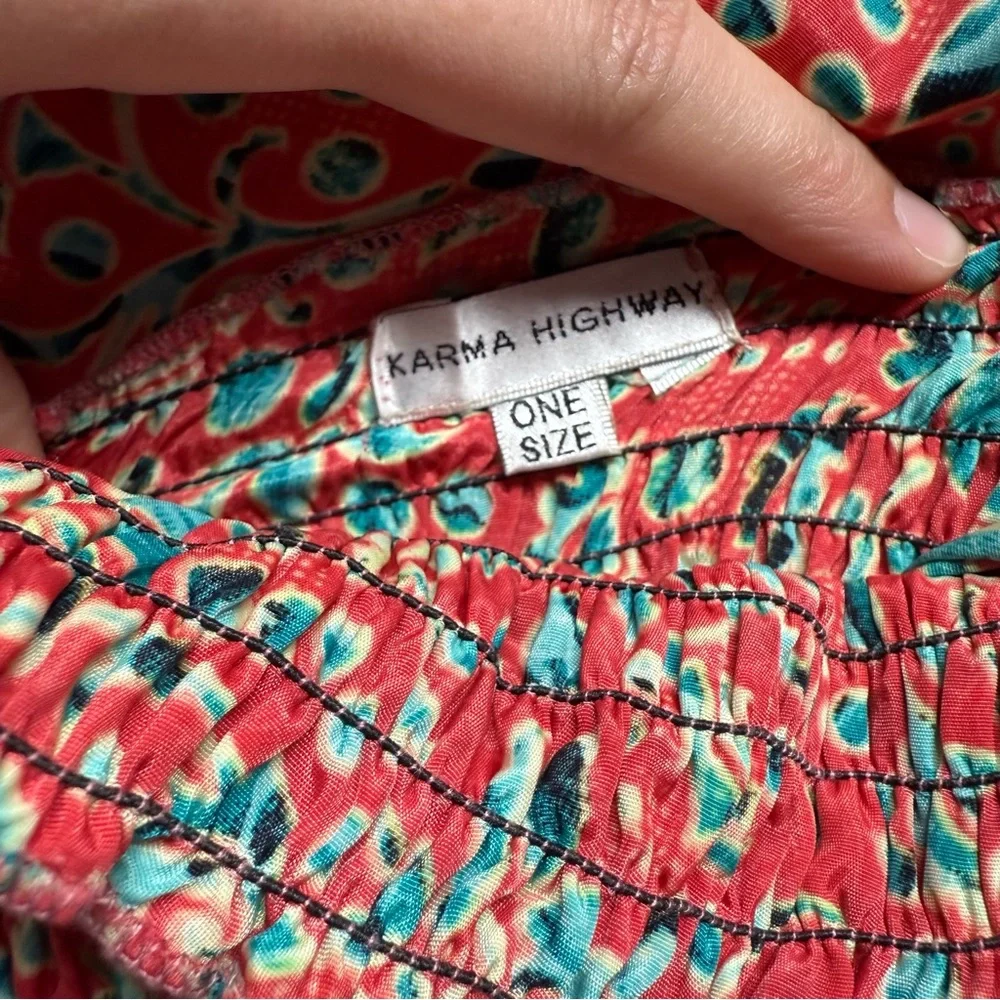Karma Highway Smocked‎ Bust Tie Strap Jumpsuit Red Teal Print One Size